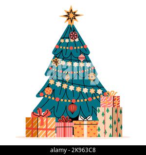 Weihnachtsbaum mit Geschenken. Dekoriert Kiefer mit Geschenkboxen, Cartoon-Tanne mit hellen Kugeln Girlanden Stern, frohe Weihnachten glückliches neues Jahr Konzept. Vektor Stock Vektor