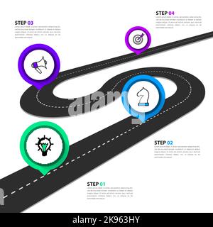 Infografik-Vorlage mit Symbolen und 4 Optionen oder Schritten. Straße. Kann für Workflow-Layout, Diagramm, Banner, webdesign verwendet werden. Vektorgrafik Stock Vektor