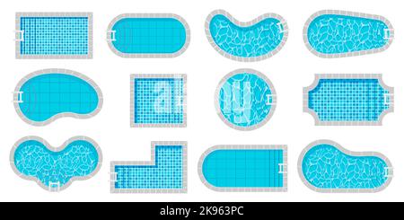 Blick von oben auf den Pool. Swimmingpools in verschiedenen Formen im Cartoon-Stil, luxuriöser Außenpool mit Wasserfliesen, Badebereich für Sommerferien. Vektor Stock Vektor