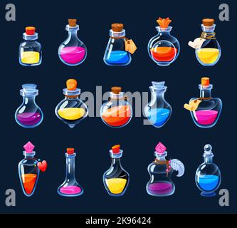Cartoon-Alchemie-Flaschen. Zaubertrank und Liebe Elixier Spiel UI-Icons Asset, buntes Gift und Gegengift in verschiedenen Flaschen und Phials. Vektor-GUI Stock Vektor