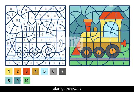 Puzzle-Spiel Zug Lokomotive, Farbe nach Nummernblatt für Kinder. Vektor-Malseite zum Lernen von Zahlen Stock Vektor