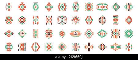 Azteken-Ethno-Motiv. Native american geometrisches Muster, farbige mexikanische Tribal Art Elemente für Logo Tattoo Stoff Design. Vektor-isolierter Satz Stock Vektor