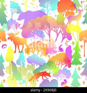 Nahtloses Muster mit niedlichen Waldtieren. Farbige Bäume und Tiere. Vektorgrafik Stock Vektor