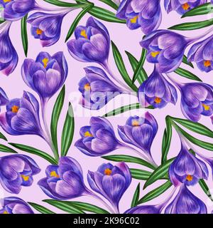 Crocus blau. Nahtloses Muster aus Frühlingsblumen. Aquarelldarstellung. Auf einem fliederfarbenen Hintergrund. Etiketten, Textilien, Verpackungen. Stockfoto