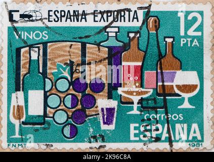 Foto einer spanischen Briefmarke mit einem Bild der Wines Exports Serie 1981 Stockfoto