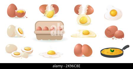 Set mit Cartoon-Eiern. Gebrochenes Ei rohes Eigelb Eierschale Protein, frische Farm Kochen natürliche Zutaten in Behälter, gesunde Bio-Lebensmittel-Konzept. Vektor Stock Vektor