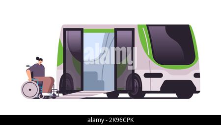 Frau im Rollstuhl Umzug zum Aufzug des öffentlichen Elektrobusses elektrifizierten Verkehrs e-motion EV-Management Stock Vektor