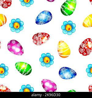 Farbenfroher Osterhintergrund. Nahtloses Muster mit Eiern und Blumen. Aquarelldarstellung. Urlaub. Für Hintergründe, Textilien, Verpackungsdekorationen Stockfoto