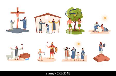 Bibelszenen. Cartoon alten biblischen Figuren flachen Stil, christentum Religion heiligen Geschichten aus dem heiligen Buch, Gott des Himmels Manna Erzählungen. Vektor Stock Vektor