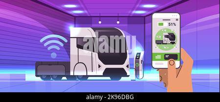 Handladung Elektro-Semi-Truck in mobilen App-Batterie-Fahrzeug am Aufladen Ladegerät EV-Management Stock Vektor