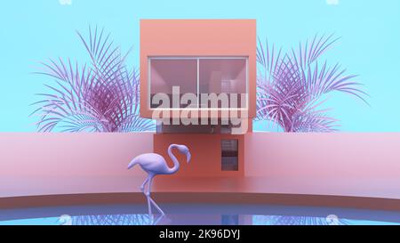 Minimalistisches, modernes Privathaus in Pink mit Flamingos. 3D Rendern Stockfoto