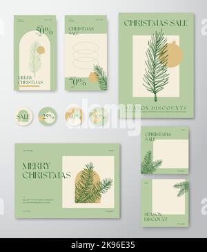 Weihnachten Social Media Werbung Editierbare Vorlagen Gesetzt. Pine Branch, Bauble, Typografie für soziale Netzwerke Stories Highlights und Posts Stock Vektor