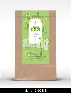 Craft Paper Bag mit Obst und Beeren Tee Label. Realistisches Vektor-Beutel Verpackungsdesign Layout. Moderne Typografie, Handgezeichnete Minzblätter Stock Vektor
