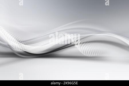 Grau und weiß präspektive Wellen Hintergrund mit hellen Horizont Linien und Punkte Halbton 3D Design. Stockfoto