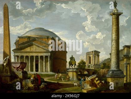 Fantasy-Ansicht mit dem Pantheon und anderen Monumenten des antiken Roms (1737), Gemälde von Giovanni Paolo Panini Stockfoto