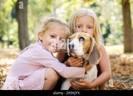 Freunde mit einem Beagle-Hund auf herbstlichem Hintergrund Stockfoto