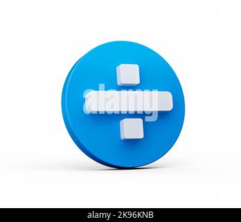 3D Division Symbol auf blauen Knopf Kreis Form isoliert auf weißem Hintergrund 3D Abbildung Stockfoto