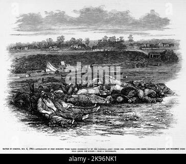 Schlacht von Korinth, Mississippi, 4.. Oktober 1862 - Erscheinen von Fort Robinet, als es von der Nationalarmee unter General William starke Rosecrans in Besitz genommen wurde - zwei Rebellgenerale (Johnson und Rodgers) liegen tot unter den Getöteten. Zweite Schlacht von Korinth. Illustration des amerikanischen Bürgerkriegs des 19.. Jahrhunderts aus Frank Leslie's Illustrated Newspaper Stockfoto