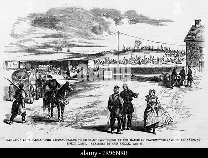 Kampagne in Virginia - die Aufklärung zu Charles Town - Szene am Bahnhof - ritterliches Verhalten der Sesech-Dame. Oktober 1862. Illustration des amerikanischen Bürgerkriegs des 19.. Jahrhunderts aus Frank Leslie's Illustrated Newspaper Stockfoto