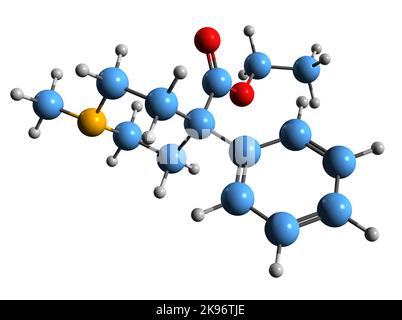 3D Bild der Pethidin-Skelettformel - molekularchemische Struktur von synthetischen Opioid-Schmerzmitteln isoliert auf weißem Hintergrund Stockfoto