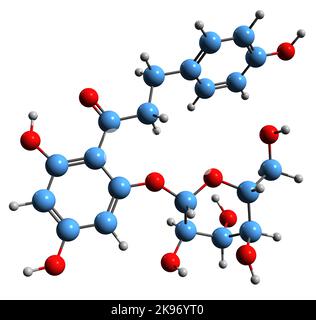 3D Bild der Skelettformel von Phlorizin - molekulare chemische Struktur des Dihydrochalkons isoliert auf weißem Hintergrund Stockfoto