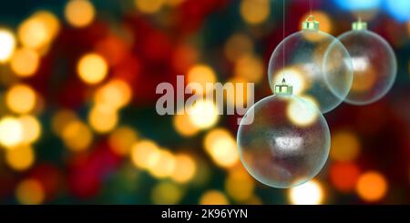 Festliche, transparente Glaskugeln, die auf einem hellen, glitzernden Hintergrund hängen. Set aus dekorativen realistischen 3D gerenderte Weihnachtskugeln. Frohe Weihnachten Stockfoto