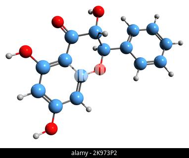 3D Bild der Skelettformel von Pinobanksin - molekulare chemische Struktur des antioxidativen Bioflavonoids, isoliert auf weißem Hintergrund Stockfoto