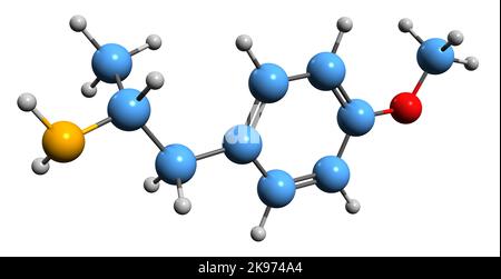 3D Bild der PMA-Skelettformel - molekularchemische Struktur des Designerarzneimittels para-Methoxyamphetamin auf weißem Hintergrund isoliert Stockfoto