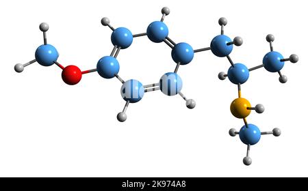 3D Aufnahme der PMMA-Skelettformel - molekularchemische Struktur von para-Methoxy-N-Methylamphetamin auf weißem Hintergrund isoliert Stockfoto