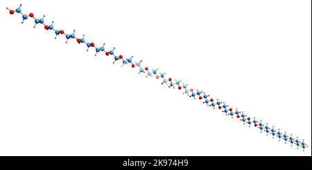 3D Bild der Skelettformel aus Polyethylenglykol - molekularchemische Struktur der Polyetherverbindung PEG auf weißem Hintergrund isoliert Stockfoto