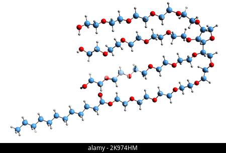 3D Bild von Polysorbat 20 Skelettformel - molekularchemische Struktur von nichtionischem Tensid E432 isoliert auf weißem Hintergrund Stockfoto