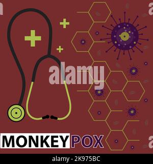 Affen-Pocken-Viruszellen und ein Stethoskop auf dunkelviolettem Hintergrund Stock Vektor