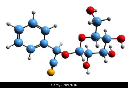 3D Bild der Prunasin-Skelettformel - molekulare chemische Struktur des cyanogenen Glykosids auf weißem Hintergrund isoliert Stockfoto