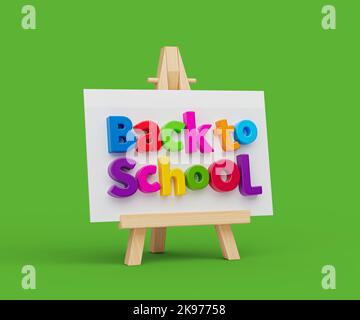 Back to School Bunte Buchstaben auf weißem Brett auf grünem Hintergrund 3D Illustration Stockfoto