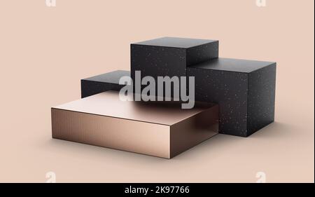 Rose Gold Cube, Pink Square Podium 3D Luxus geometrische Mockup mit schwarzem Thema 3D Illustration Stockfoto