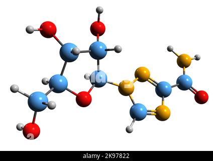 3D Bild der Ribavirin-Skelettformel - molekularchemische Struktur antiviraler Medikamente isoliert auf weißem Hintergrund Stockfoto