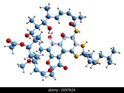 3D Bild der Skelettformel von Rifabutin - molekulare chemische Struktur von antimykobakteriellen Medikamenten auf weißem Hintergrund isoliert Stockfoto