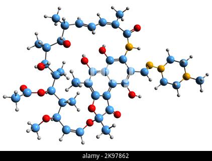 3D Bild der Skelettformel von Rifampicin - molekularchemische Struktur des Ansamycin-Antibiotikums, isoliert auf weißem Hintergrund Stockfoto