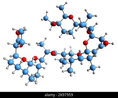 3D Bild der Salinomycin-Skelettformel - molekularchemische Struktur des antibakteriellen und Coccidiostat-Medikaments auf weißem Hintergrund isoliert Stockfoto
