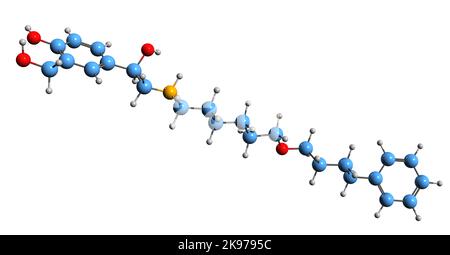 3D Aufnahme der Salmeterol-Skelettformel - molekularchemische Struktur von beta2 adrenergen Rezeptoragonisten isoliert auf weißem Hintergrund Stockfoto