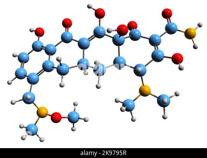 3D Bild der Skelettformel von Sarecyclin - molekularchemische Struktur eines auf weißem Backgroun isolierten, aus Tetracyclin abgeleiteten Antibiotikums im Schmalspektrum Stockfoto