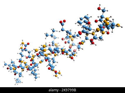 3D Bild der Secretin Skelettformel - molekularchemische Struktur des Hormons der Wasserhomöostase auf weißem Hintergrund isoliert Stockfoto