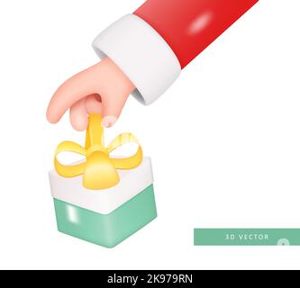 Santa Claus Hand Holding Geschenkbox mit Band isoliert auf weißem Hintergrund. Menschlicher Arm, Der Präsent Ist. Vektor 3D-Abbildung Stock Vektor