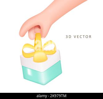 Cartoon Hand Holding Geschenkbox mit Band isoliert auf weißem Hintergrund. Menschlicher Arm, Der Präsent Ist. Vektor 3D-Abbildung Stock Vektor