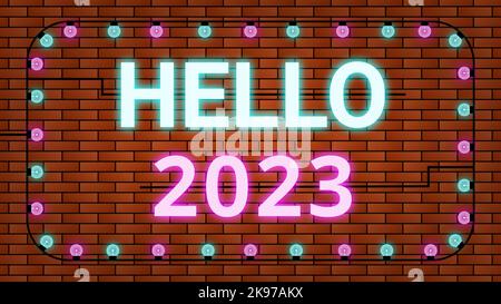 hello 2023 Illustration in blau und rosa Farbe mit Lampen isoliert auf Backstein Wand Hintergrund. Konzept für Neujahr Feier, Wünsche und Dekoration. Stockfoto