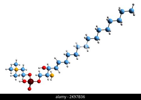 3D Bild der Skelettformel von Sphingosylphorylcholin - molekularchemische Struktur von SPC isoliert auf weißem Hintergrund Stockfoto