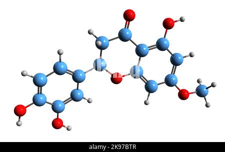 3D Bild der Sterubin-Skelettformel - molekulare chemische Struktur von bittermaskiertem Flavanon auf weißem Hintergrund isoliert Stockfoto