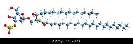 3D Bild der Sulfatide-Skelettformel - molekulare chemische Struktur von 3-O-Sulfogalactosylceramid isoliert auf weißem Hintergrund Stockfoto