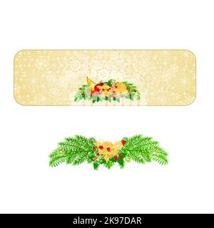 Banner Weihnachten Dekoration Schneeflocken mit verschiedenen Obst und Kiefernzapfen und Gold Stechpalme vintage Vektor Illustration editierbar Handzeichen Stock Vektor