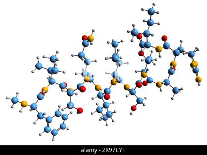 3D Bild der Teixobactin-Skelettformel - molekularchemische Struktur von Bakterien Peptid-ähnlicher sekundärer Metabolit auf weißem Hintergrund isoliert Stockfoto